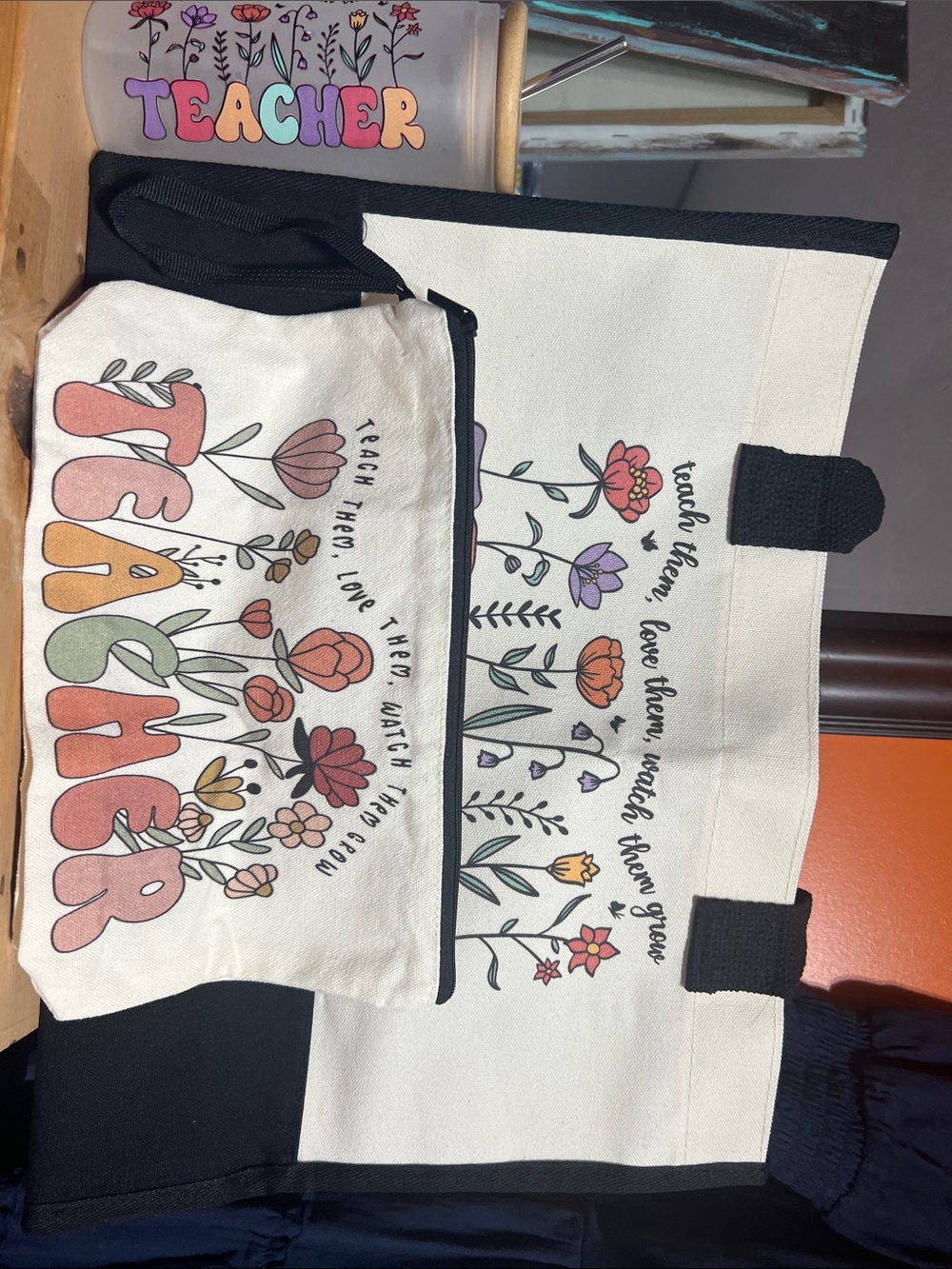 Teacher Floral Canvas Tote and Pouch Set - Cream with Multicolor Print